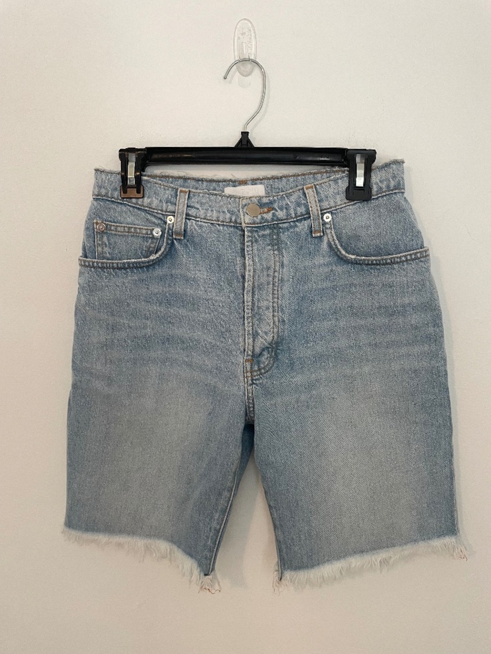Sablyn Long Denim Bermuda Jean Shorts, Frayed Hem 100% Cotton, Women's 25